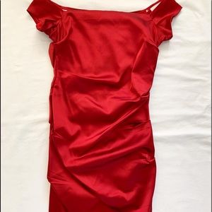 Red off the shoulder satin dress